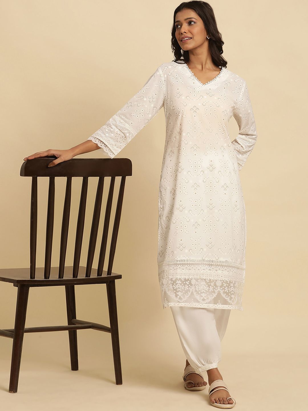W Floral Printed V-Neck Cotton Kurta