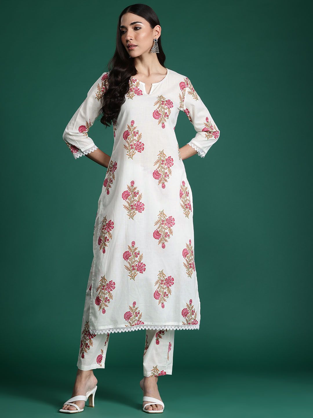 Indo Era Women Floral Printed Pure Cotton Kurta with Trousers