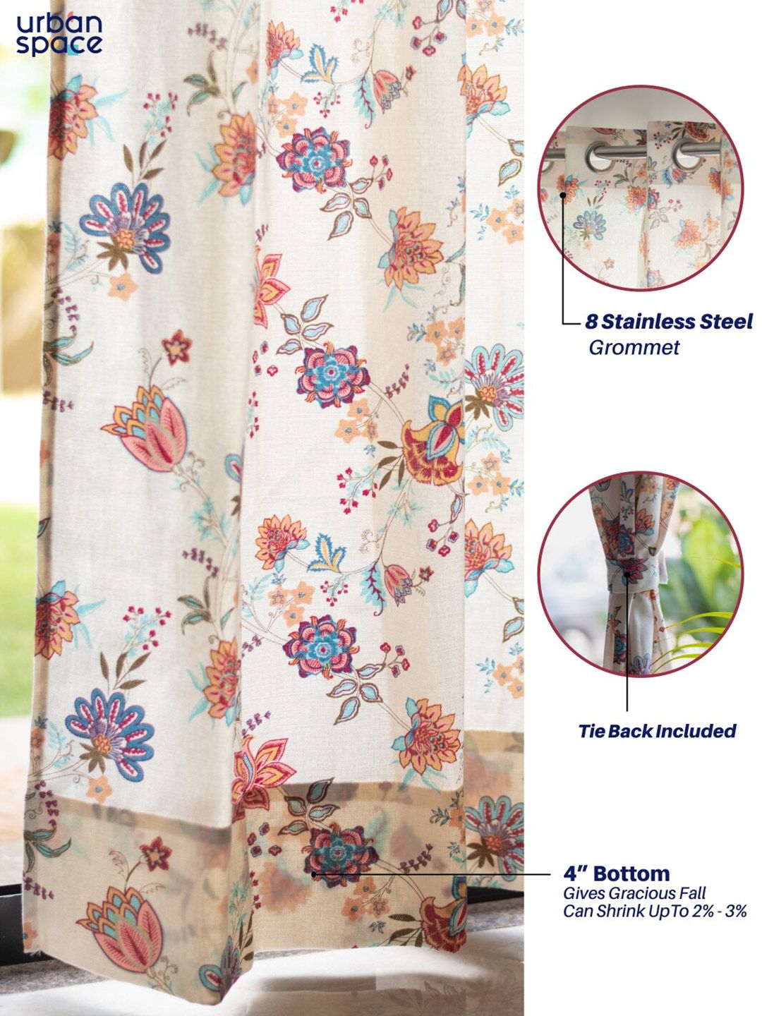 URBAN SPACE Peach-Coloured & Cream-Coloured 2-Pieces Floral Cotton Window Curtains