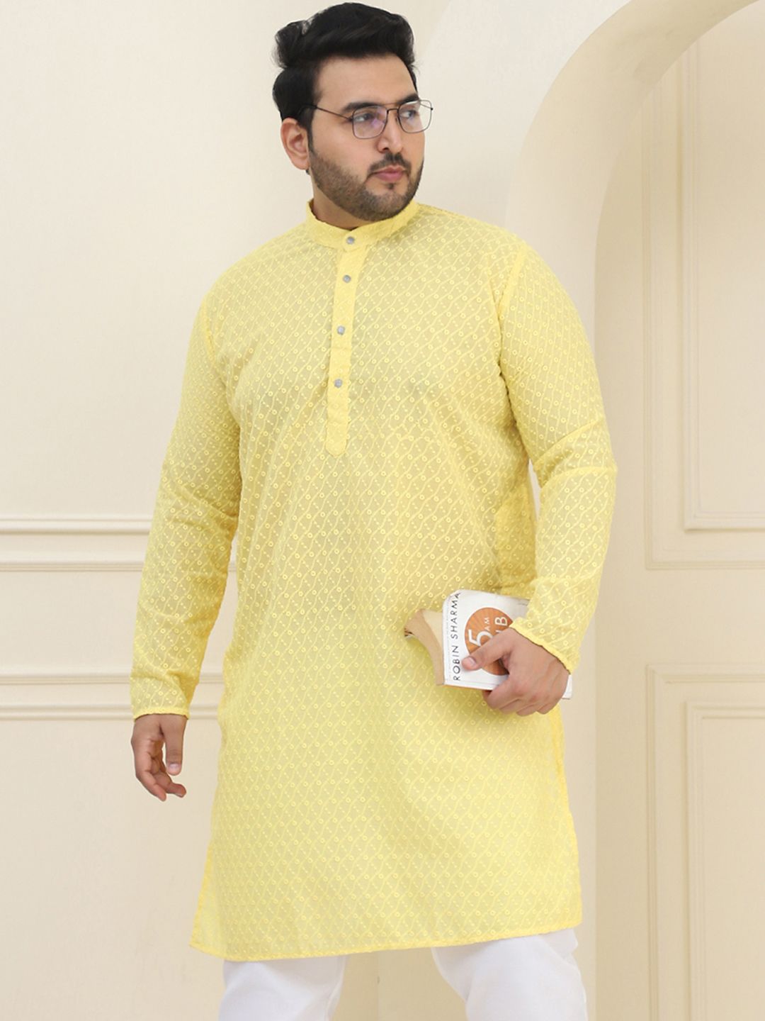 SOJANYA PLUS Size Men Yellow Ethnic Motifs Embroidered Pure Cotton Kurta