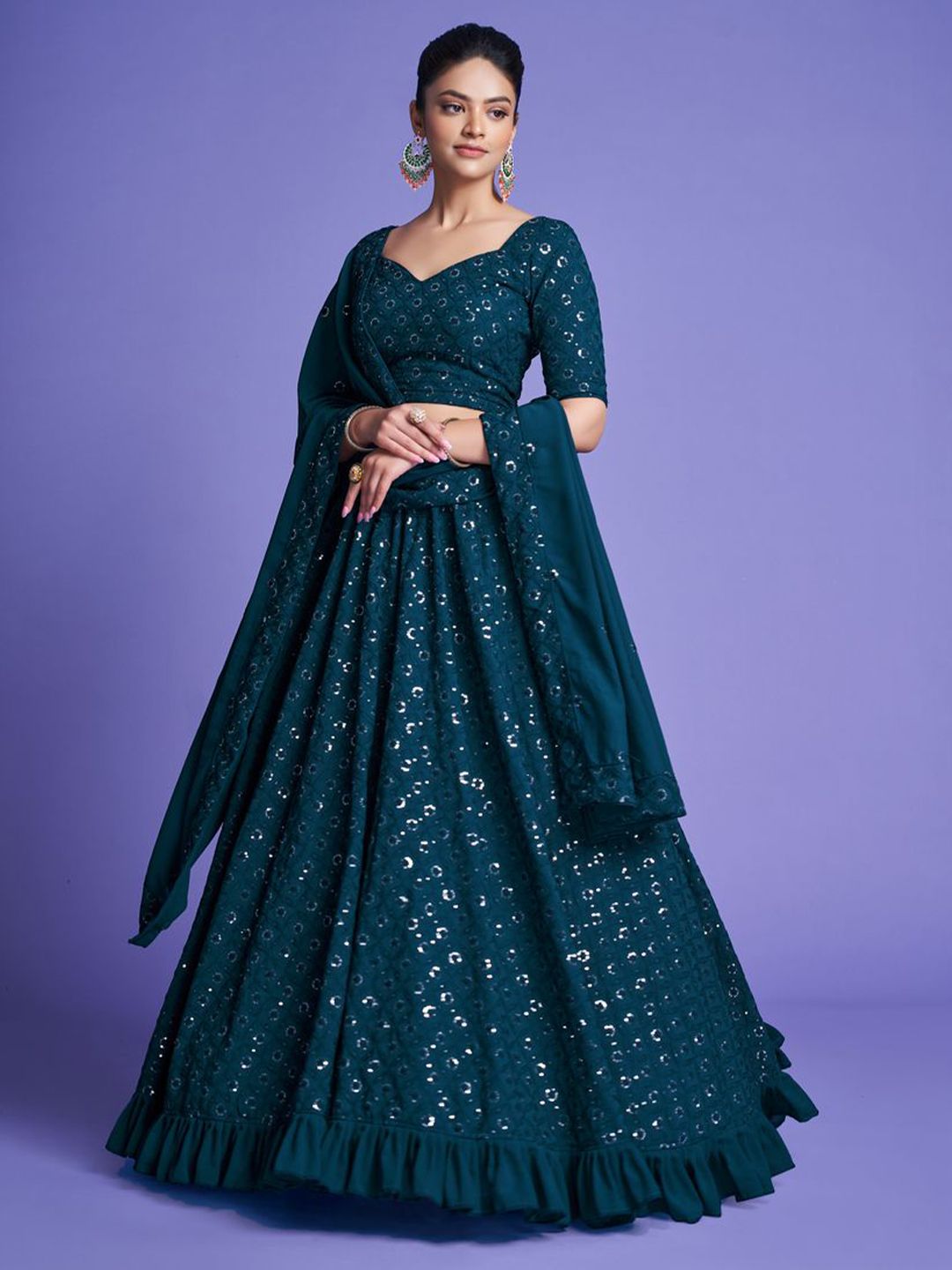 KALINI Embroidered Sequinned Semi-Stitched Lehenga & Unstitched Blouse With Dupatta