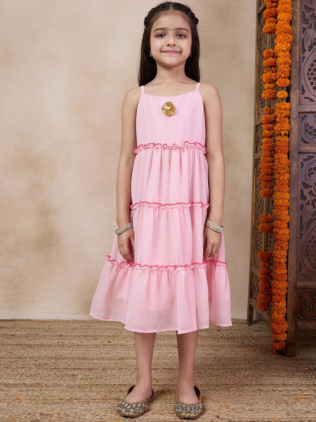 pspeaches Girls Tiered Sleeveless A-Line Midi Georgette Ethnic Dress With Embroidered Shrug