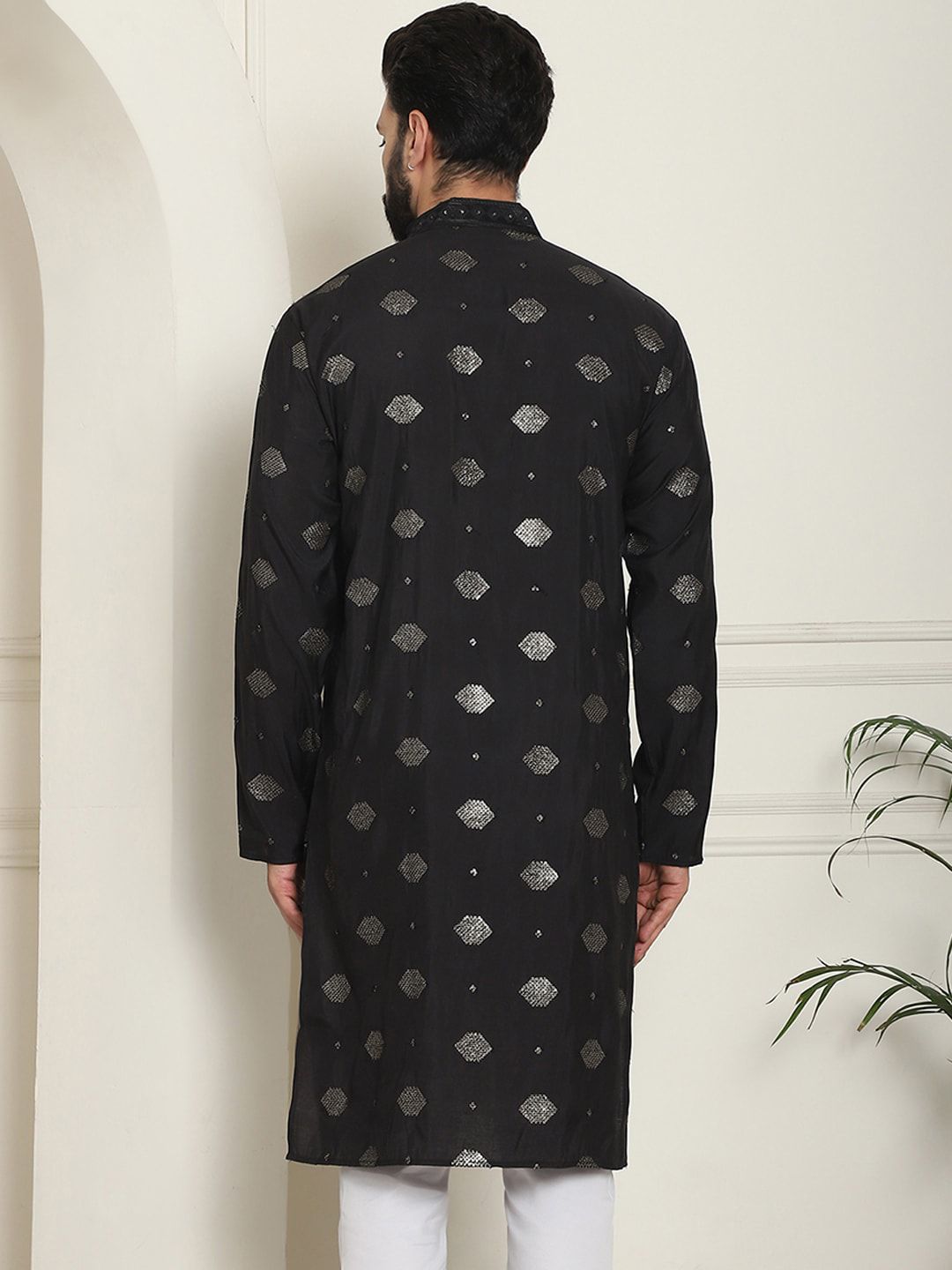 SOJANYA Dihiasi Geometrik Kolar Mandarin Kolar Kapas Sutera Lurus Kurta