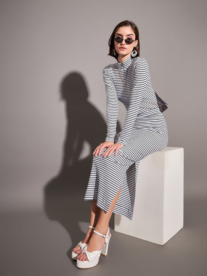 SASSAFRAS Black & White Horizontal Striped High Neck Top