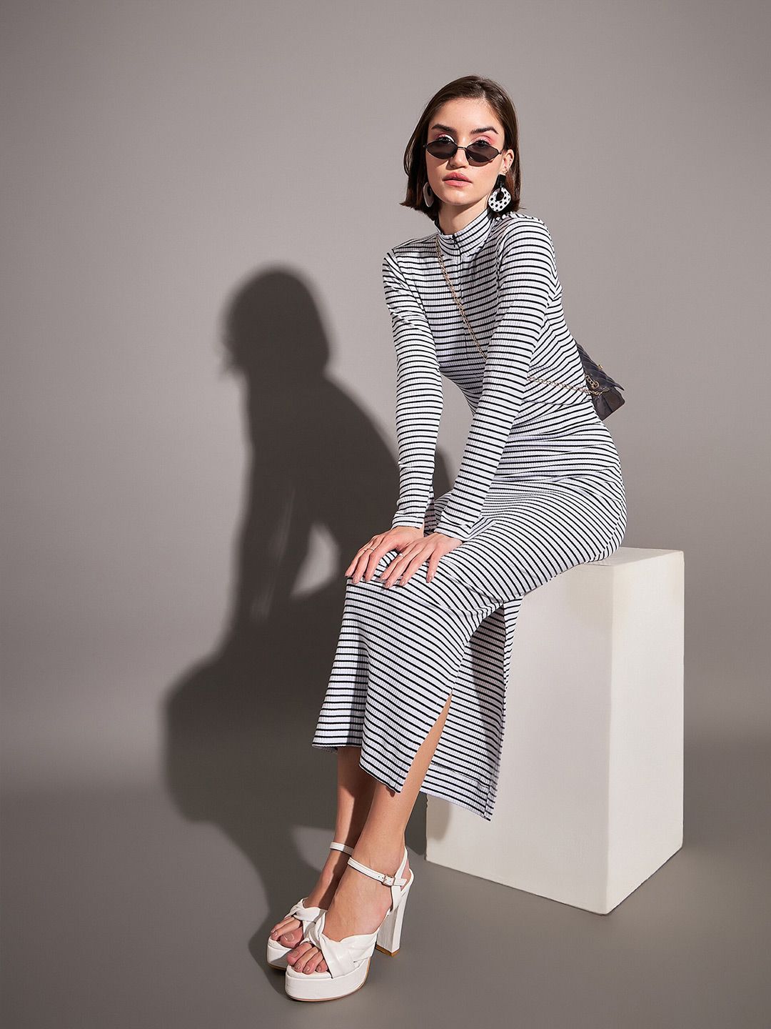 SASSAFRAS Black & White Horizontal Striped High Neck Top