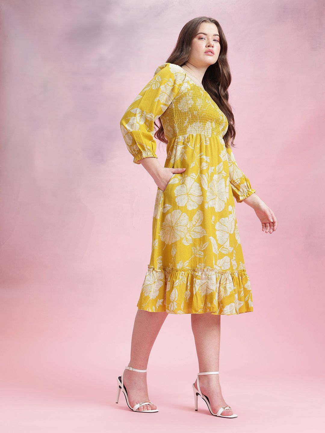 DressBerry Floral Print Gathered Detail Smocked Effect Pure Cotton Midi A-Line Dress