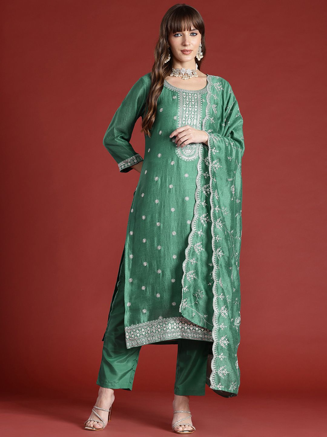 Indo Era Floral Embroidered Sequinned Kurta with Trousers & With Dupatta