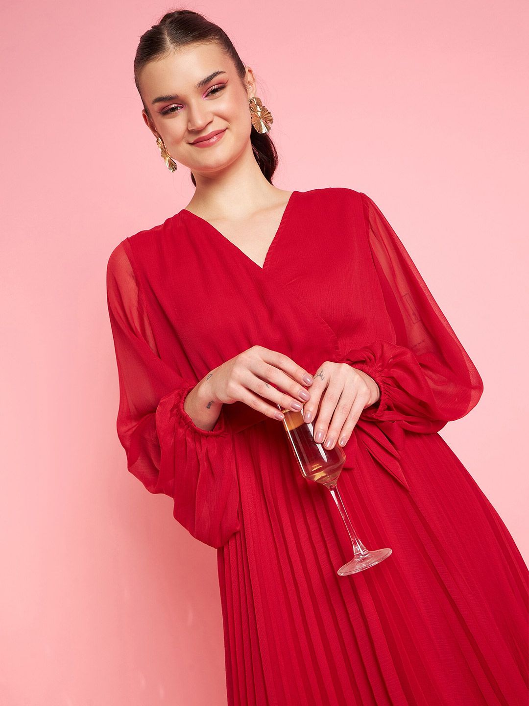 Antheaa Red V-Neck Bishop Sleeves Maxi Opaque Party Dress