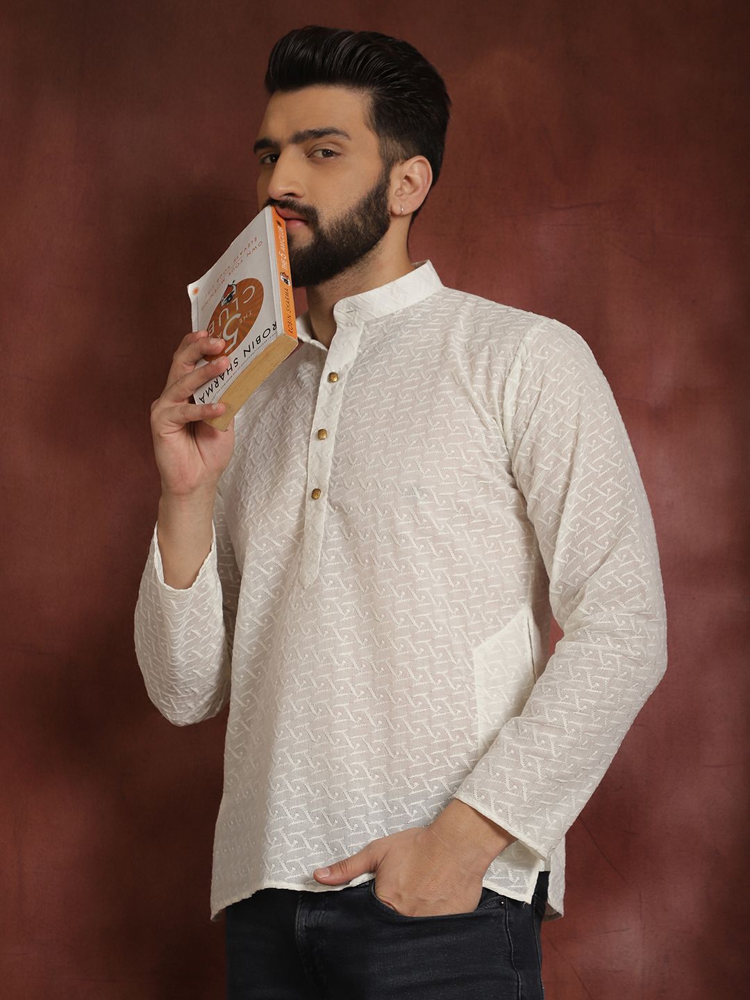 SOJANYA Ethnic Motifs Chikankari Embroidered Mandarin Collar Pure Cotton Kurta