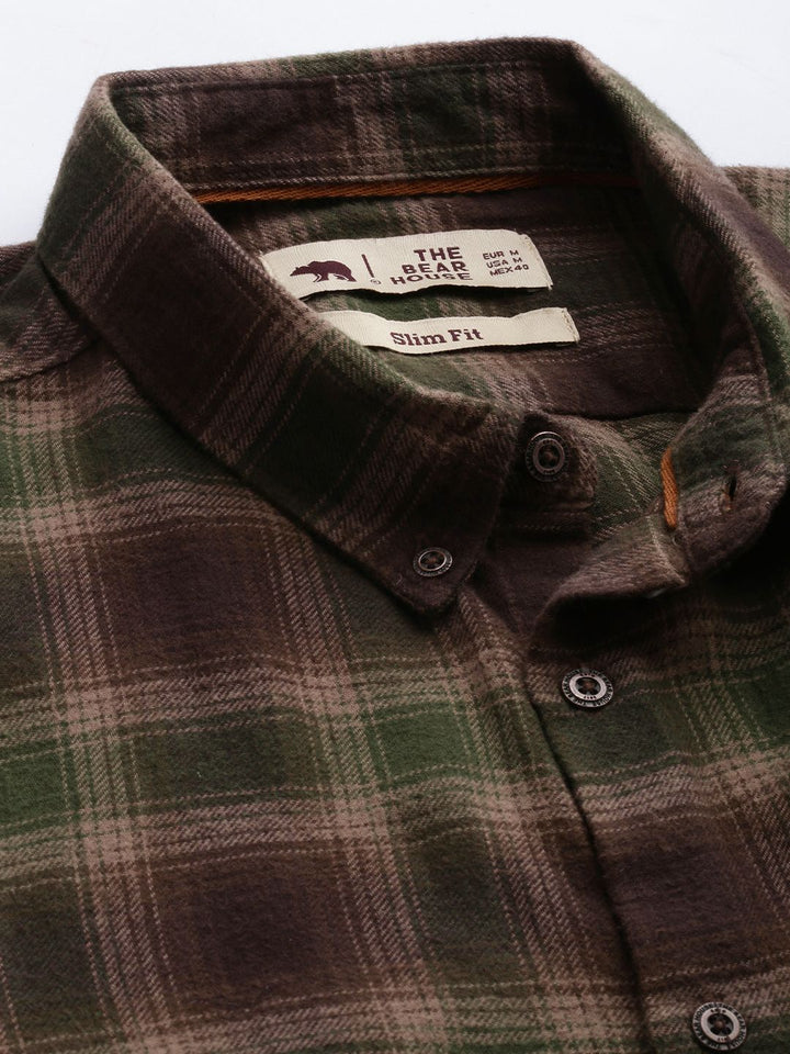 THE BEAR HOUSE Men Brown and Green Tartan Checks Slim Fit Casual Shirt
