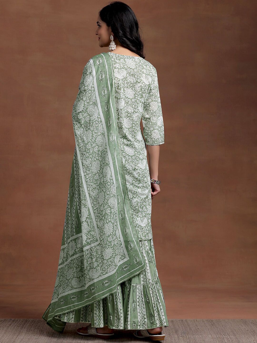 Libas Floral Printed Round Straight Pure Cotton Kurta & Sharara With Dupatta