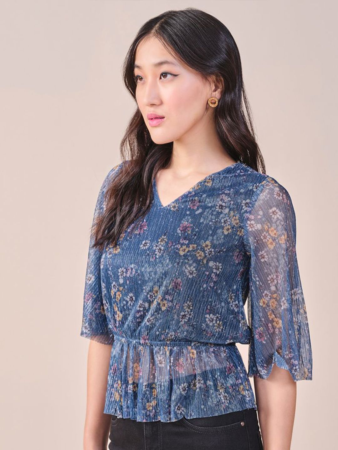 AND polyester floral printed v-neck peplum Top