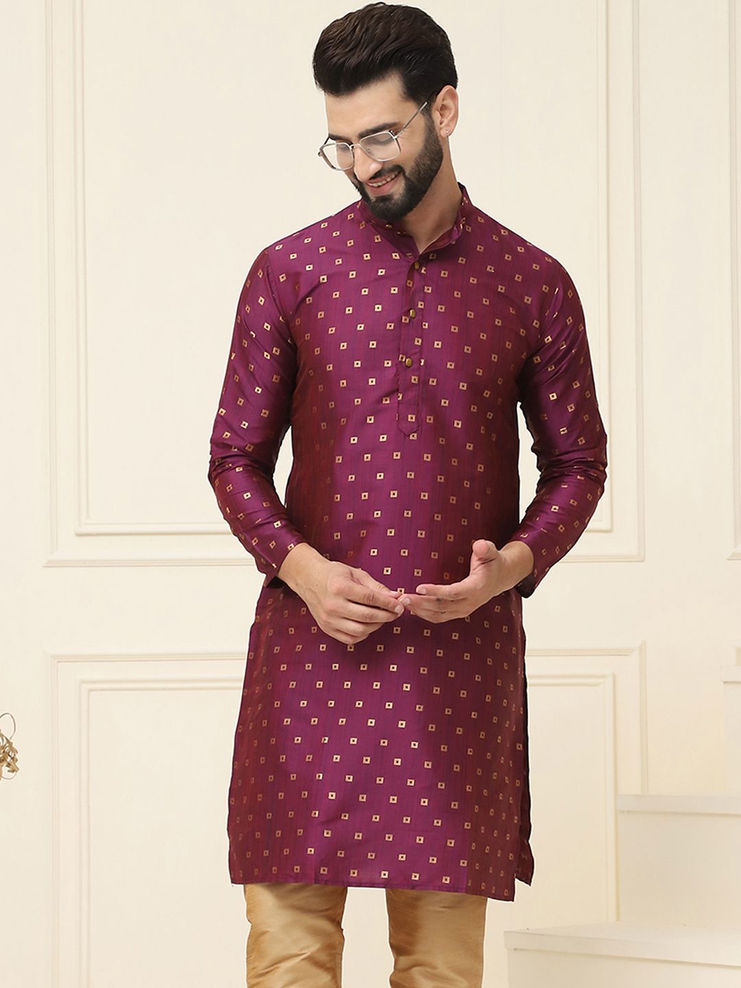 SOJANYA Lelaki Burgundy & dark sienna Kerja Benang Kurta