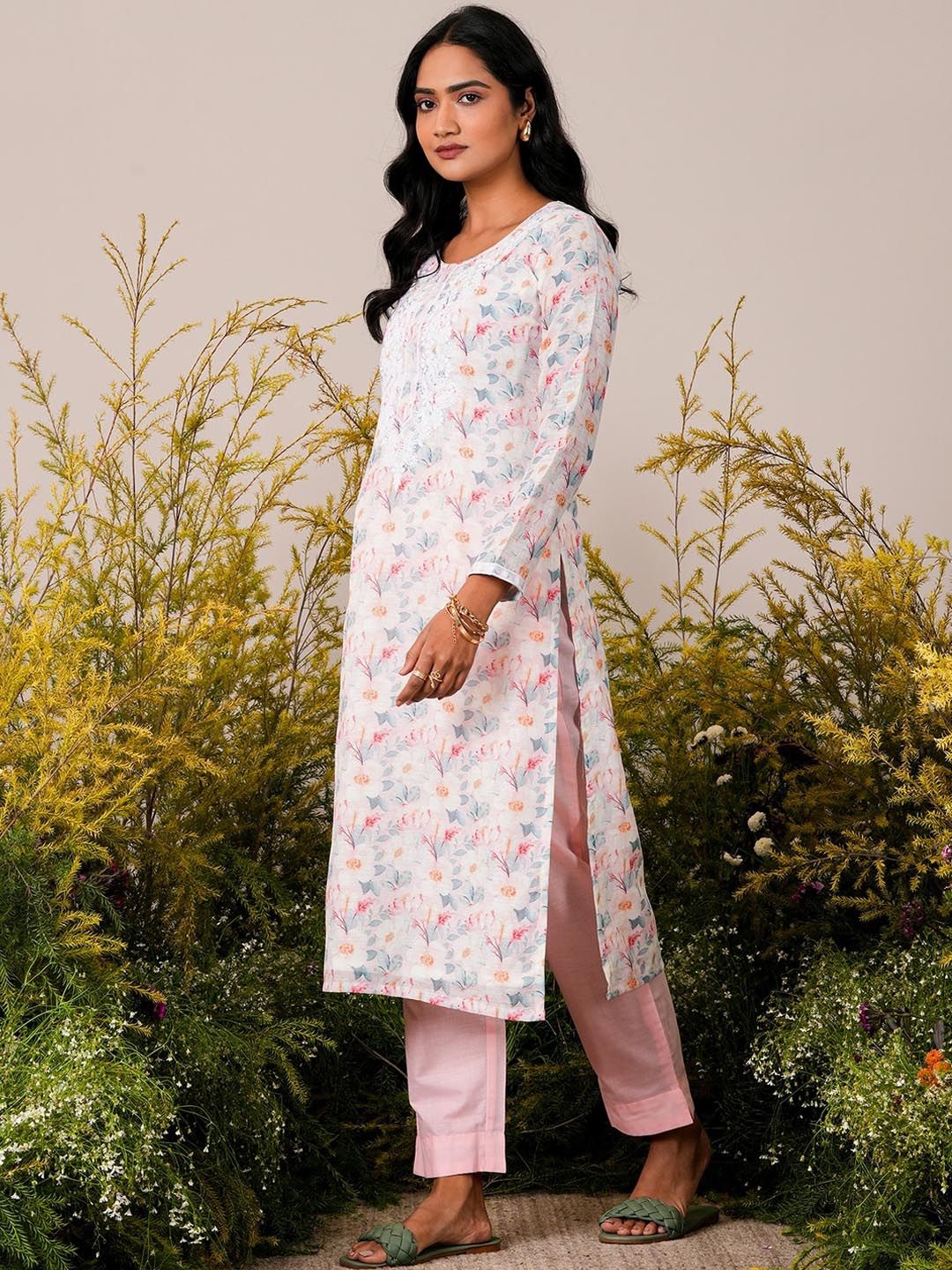 Libas Pink Floral Printed Straight Round Neck Thread Work Linen Kurta Set