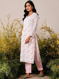Libas Pink Floral Printed Straight Round Neck Thread Work Linen Kurta Set