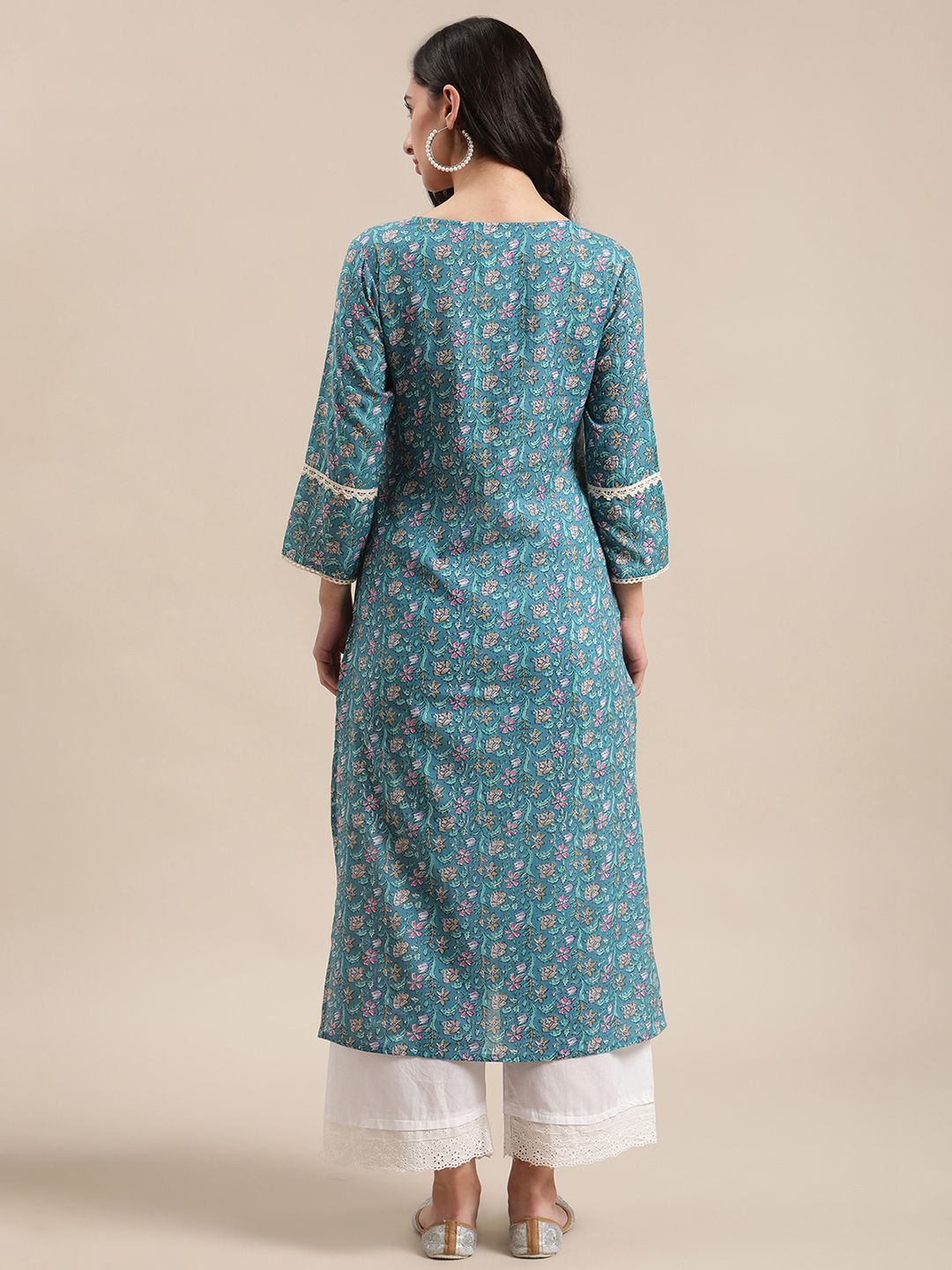 Varanga Women Blue Jaipuri Floral Print Pure Cotton Lace Detailed Kurta