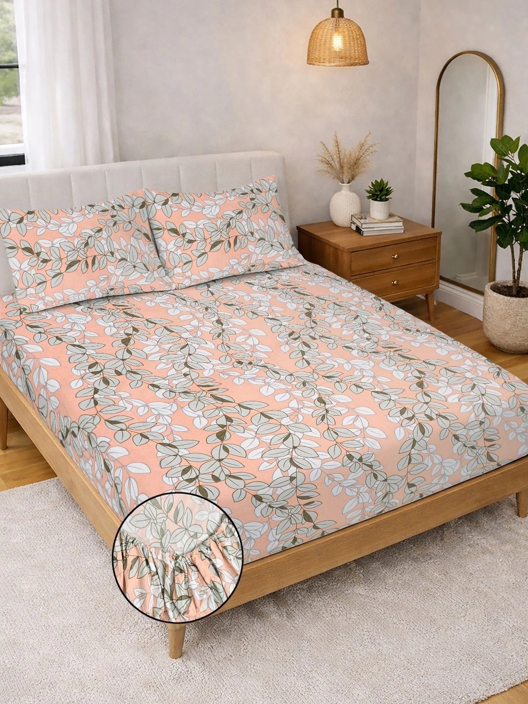 Myntra Elegant Homes Orange Floral 300 TC King Bedsheet with 2 Pillow Covers