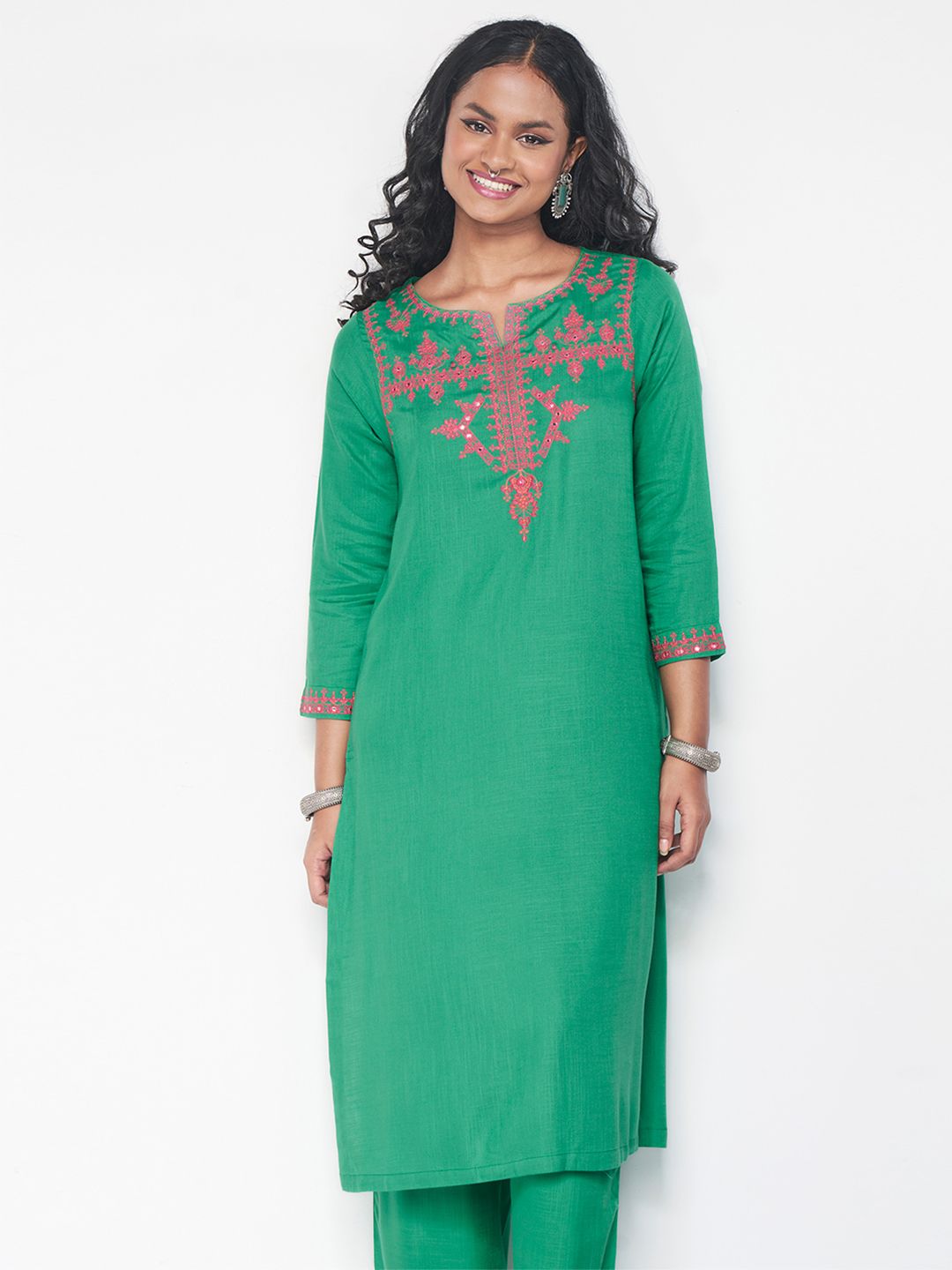 Global Desi Ethnic Motifs Embroidered Straight Kurta With Trouser
