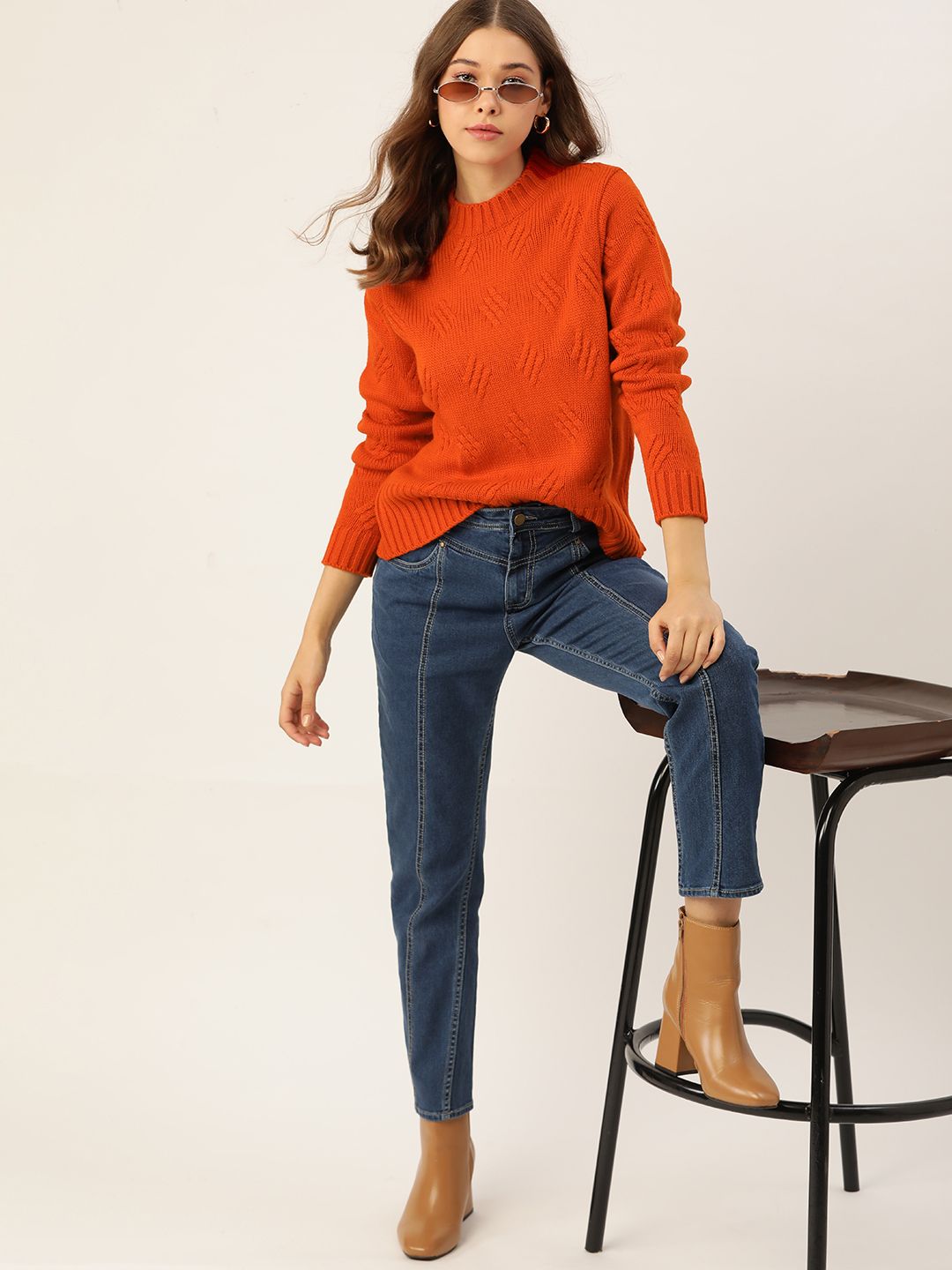 DressBerry Women Rust Orange Acrylic Cable Knit Pullover