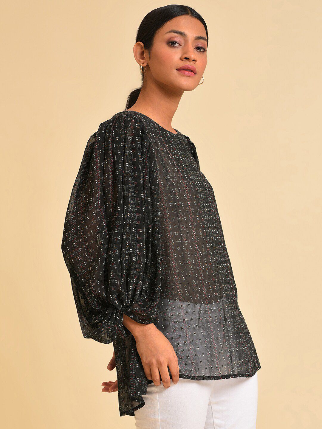 W Black Self Design Puff Sleeves Top