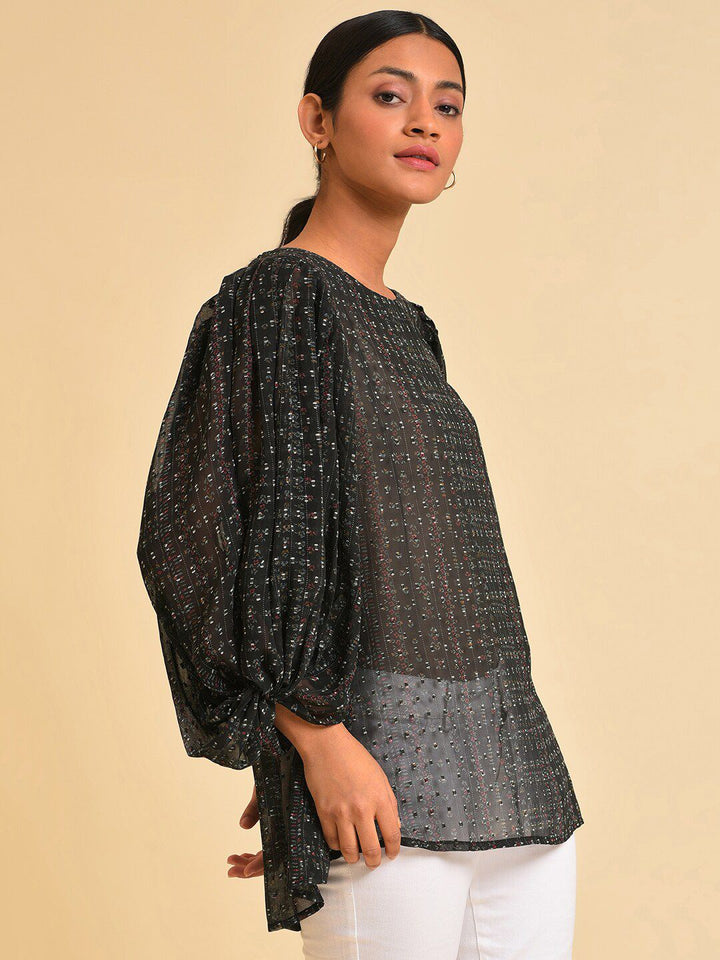 W Black Self Design Puff Sleeves Top