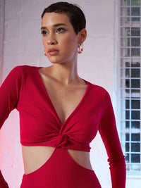 SASSAFRAS Pink V-Neck Long Sleeve Cut-Outs Bodycon Maxi Dress
