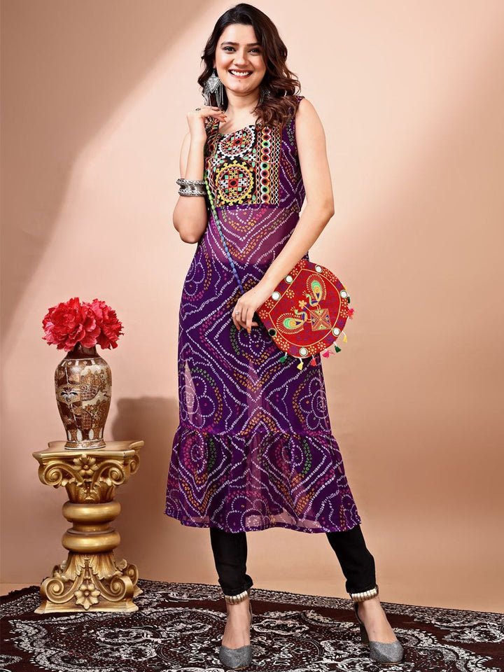 KALINI Bandhani Printed Round Neck Thread Work Georgette Straight Kurta