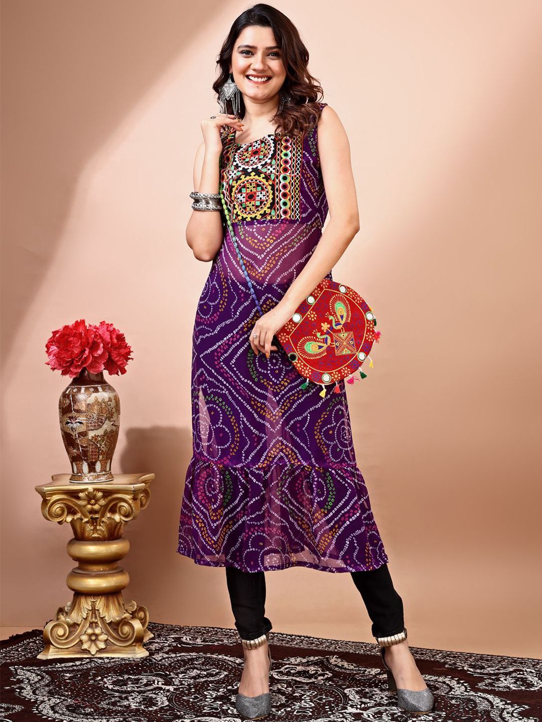 KALINI Bandhani Printed Round Neck Thread Work Georgette Straight Kurta