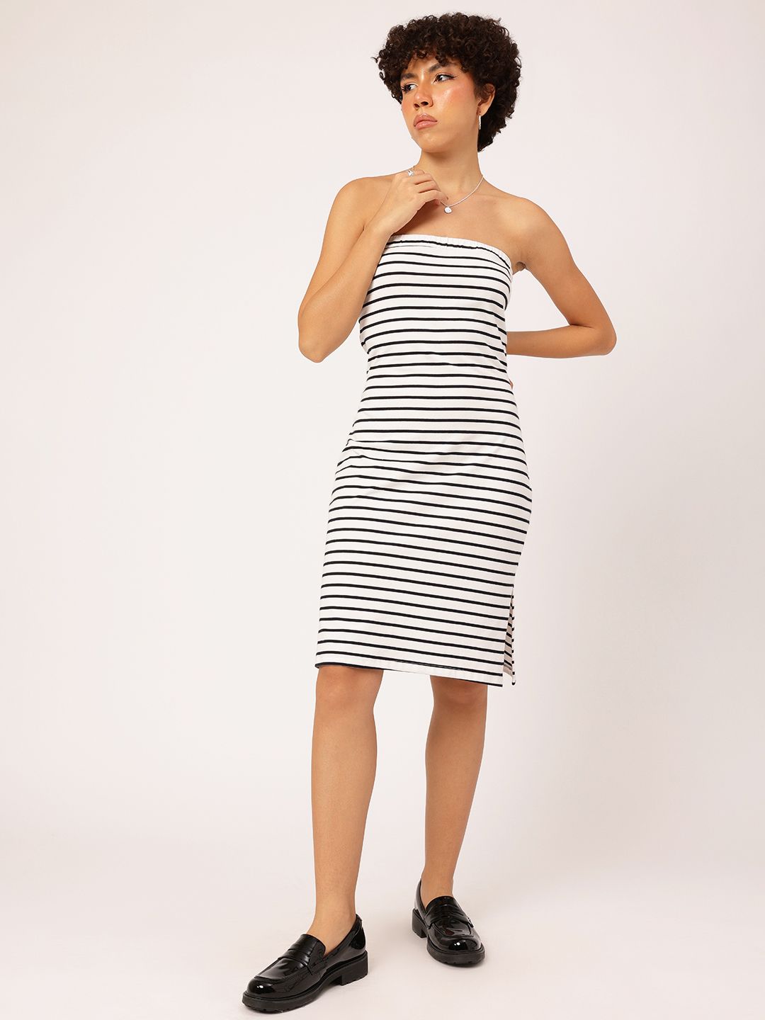 DressBerry Monochrome Maven Striped Strapless Cut Out Detail Dress