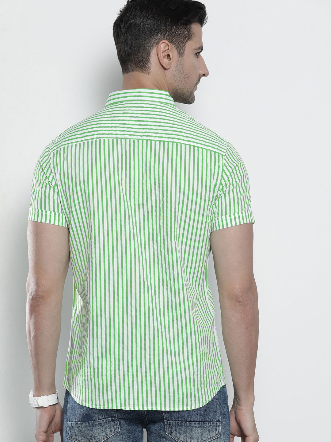The Indian Garage Co Men Green Comfort Striped Cotton Casual Shirt