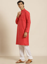 SOJANYA Men Red Solid Slub Effect Kurta