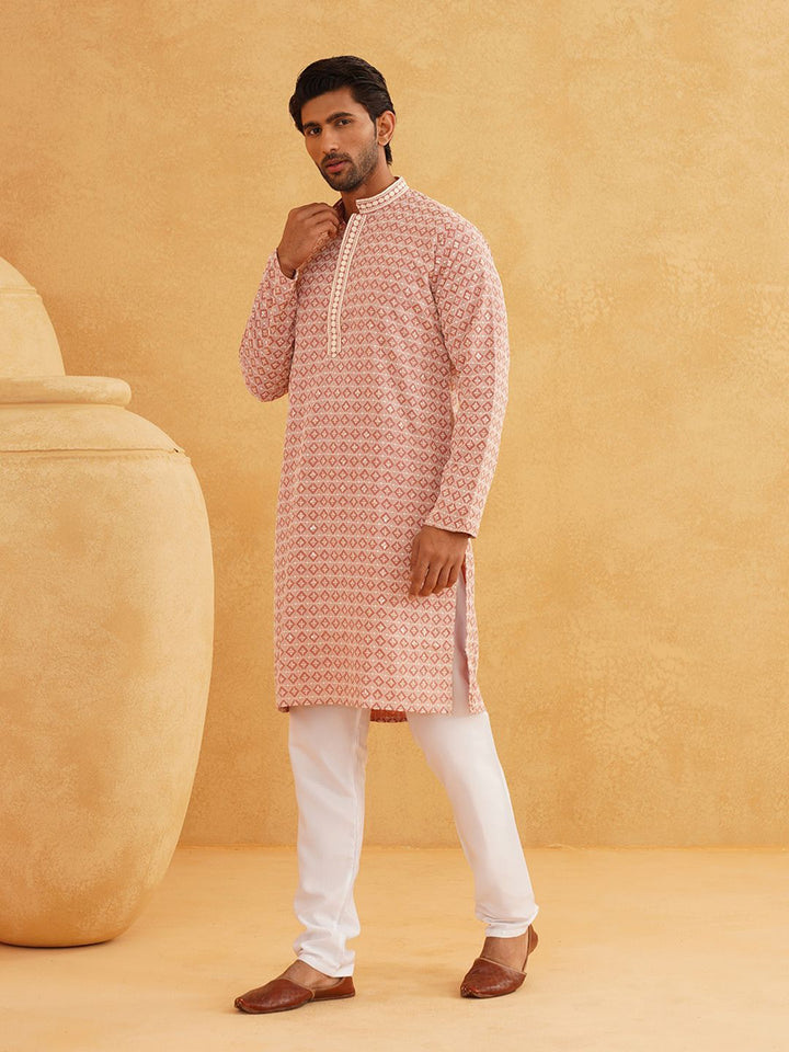SOJANYA Floral Embroidered Mandarin Collar Long Sleeves Thread Work Pure Cotton Kurta Set