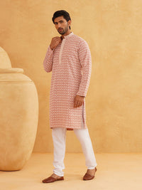 SOJANYA Floral Embroidered Mandarin Collar Long Sleeves Thread Work Pure Cotton Kurta Set