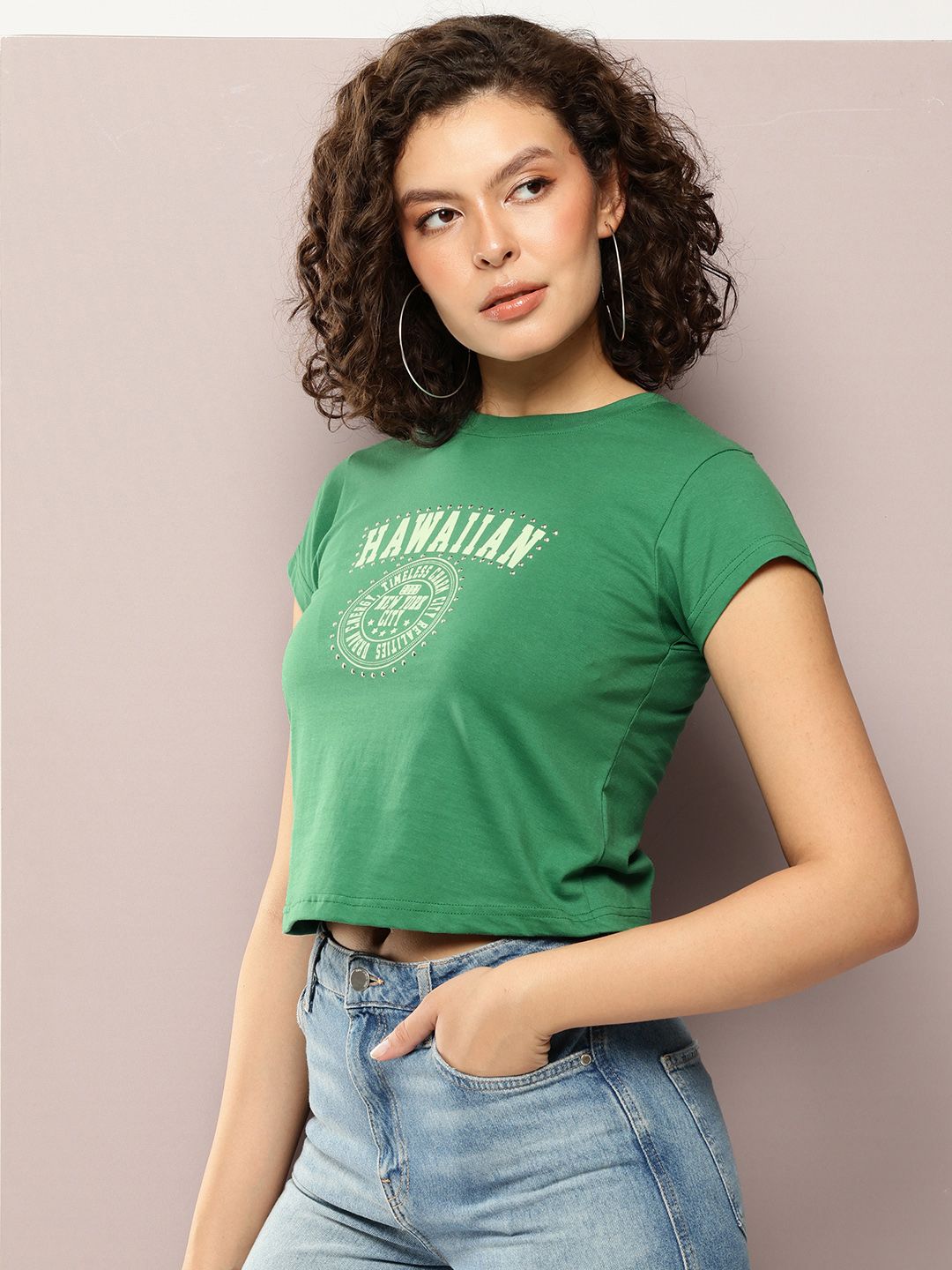 DILLINGER Women Regular Cropped Fit Printed Crew Neck Tshirt