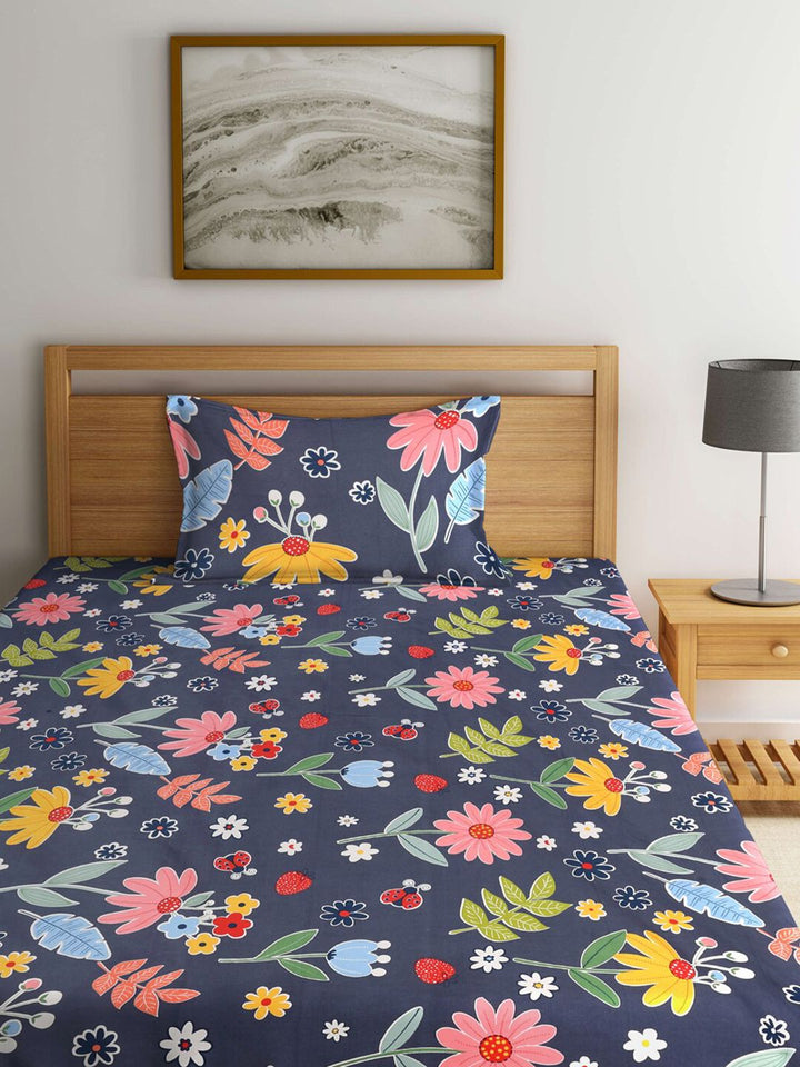 KLOTTHE Berbilang Warna Kapas Bunga 210 TC Single Halus 2 Cadar dengan 2 Sarung Bantal-89 x 59 inci