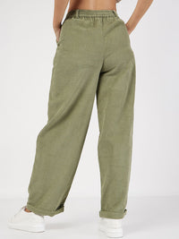 SASSAFRAS Women Olive Green Straight Fit Pure Cotton Parallel Trousers