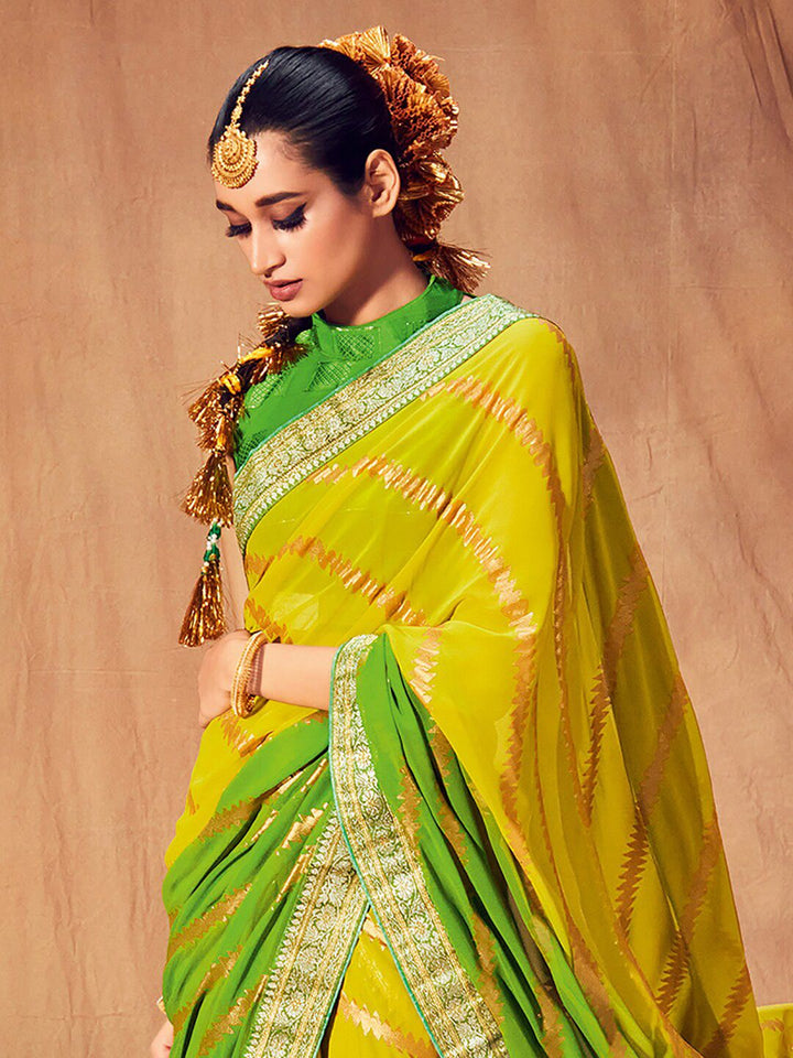 Saree mall Yellow & Green Woven Design Pure Georgette Sarees