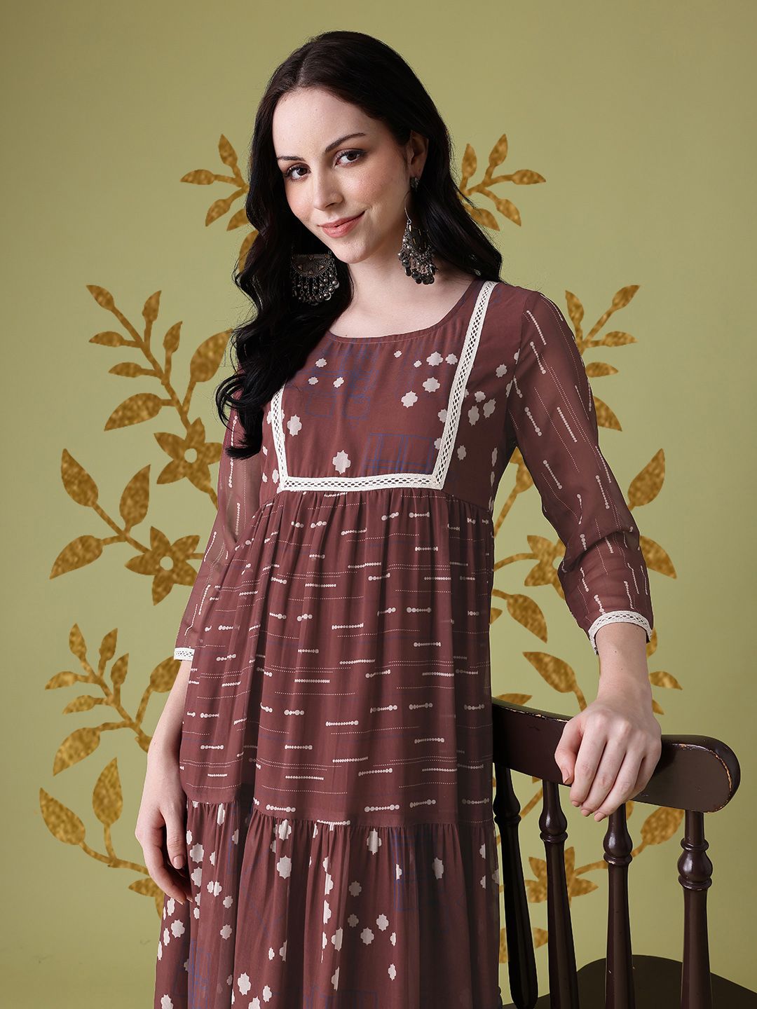 Anouk Ethnic Motifs Print Lace Insert Tiered A-Line Kurta