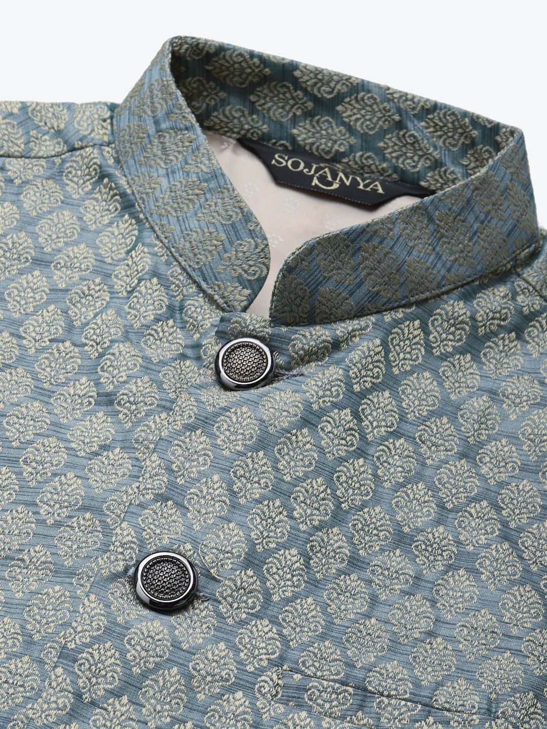 SOJANYA Men Green & Off-White Ethnic Motifs Kurta with Churidar & Nehru Jacket