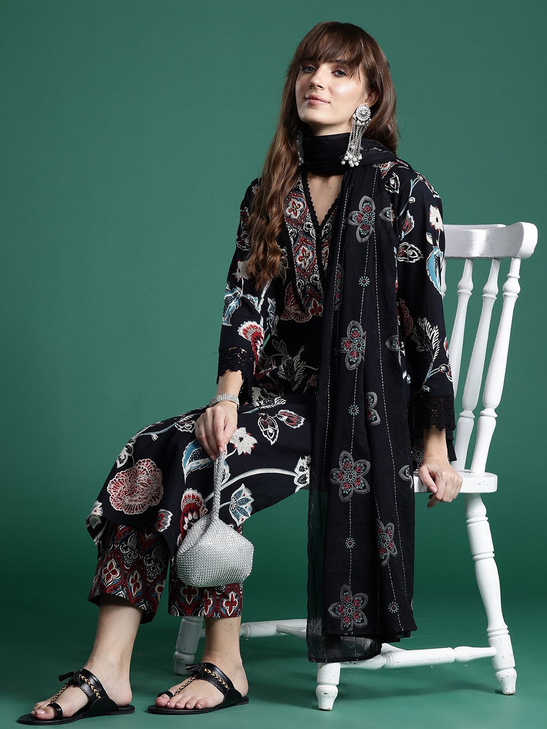 Indo Era Floral Printed Sequinned Pure Cotton Kurta With Trousers & Dupatta