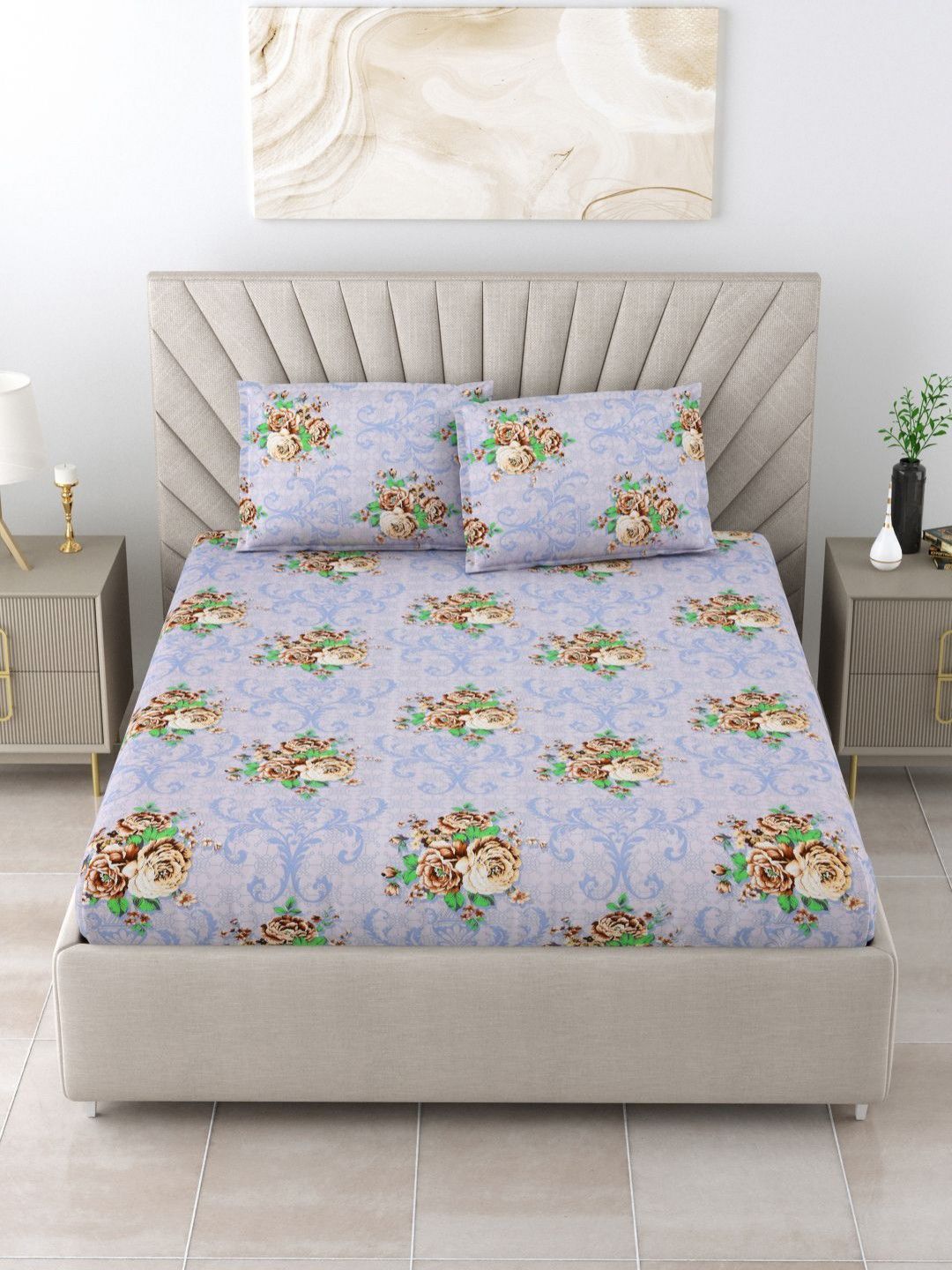 BOMBAY DYEING Dream Lover Purple Floral Cotton 104 TC Queen Bedsheet Set 2.54 x 2.24m