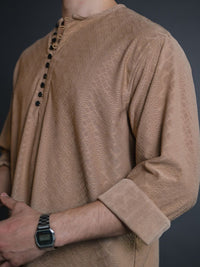 Powerlook Brown Self Design Half Placket Casual Shirt