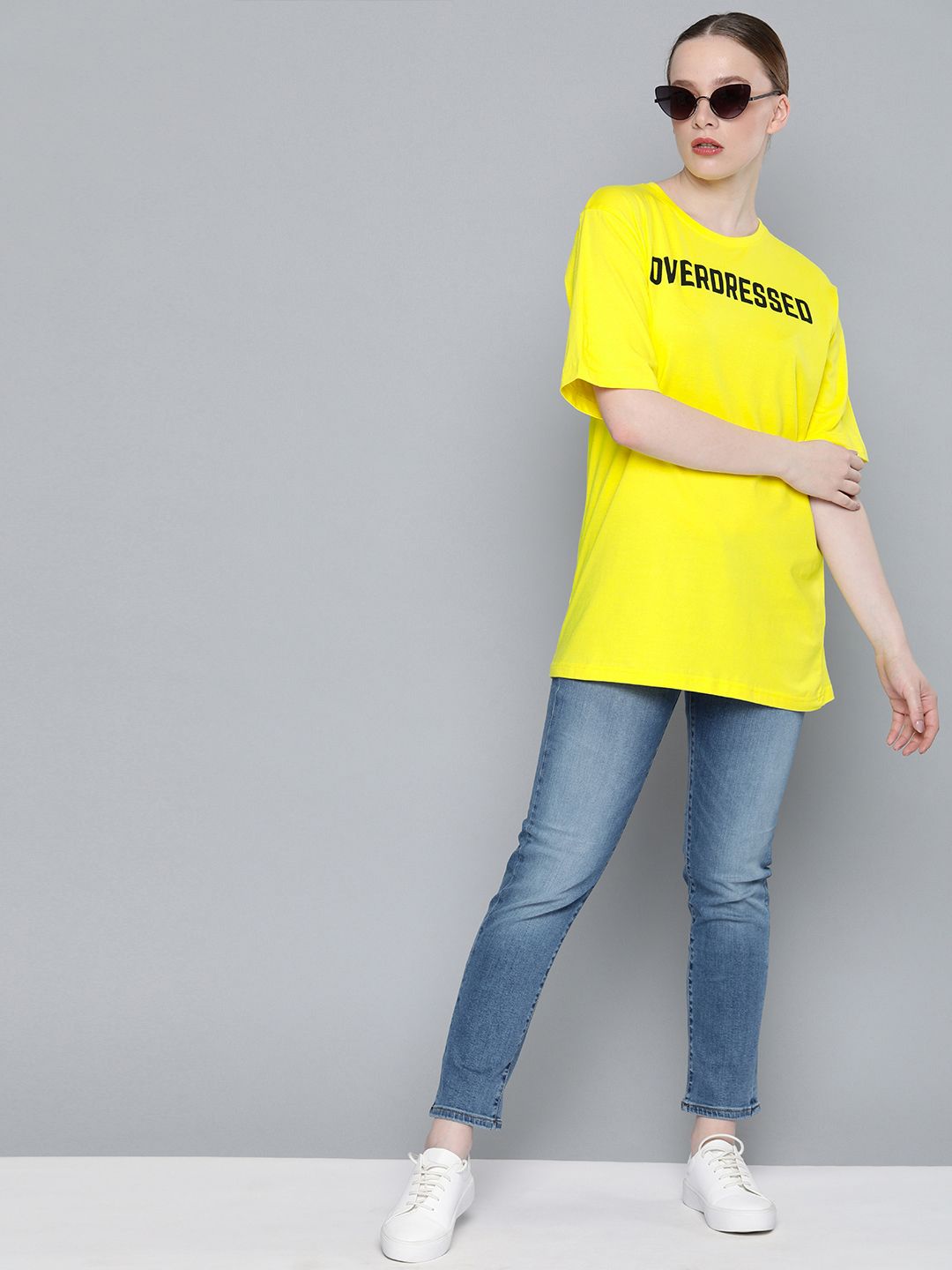 DILLINGER Women Yellow Boxy Fit Printed Round Neck Longline Oversized Pure Cotton T-shirt