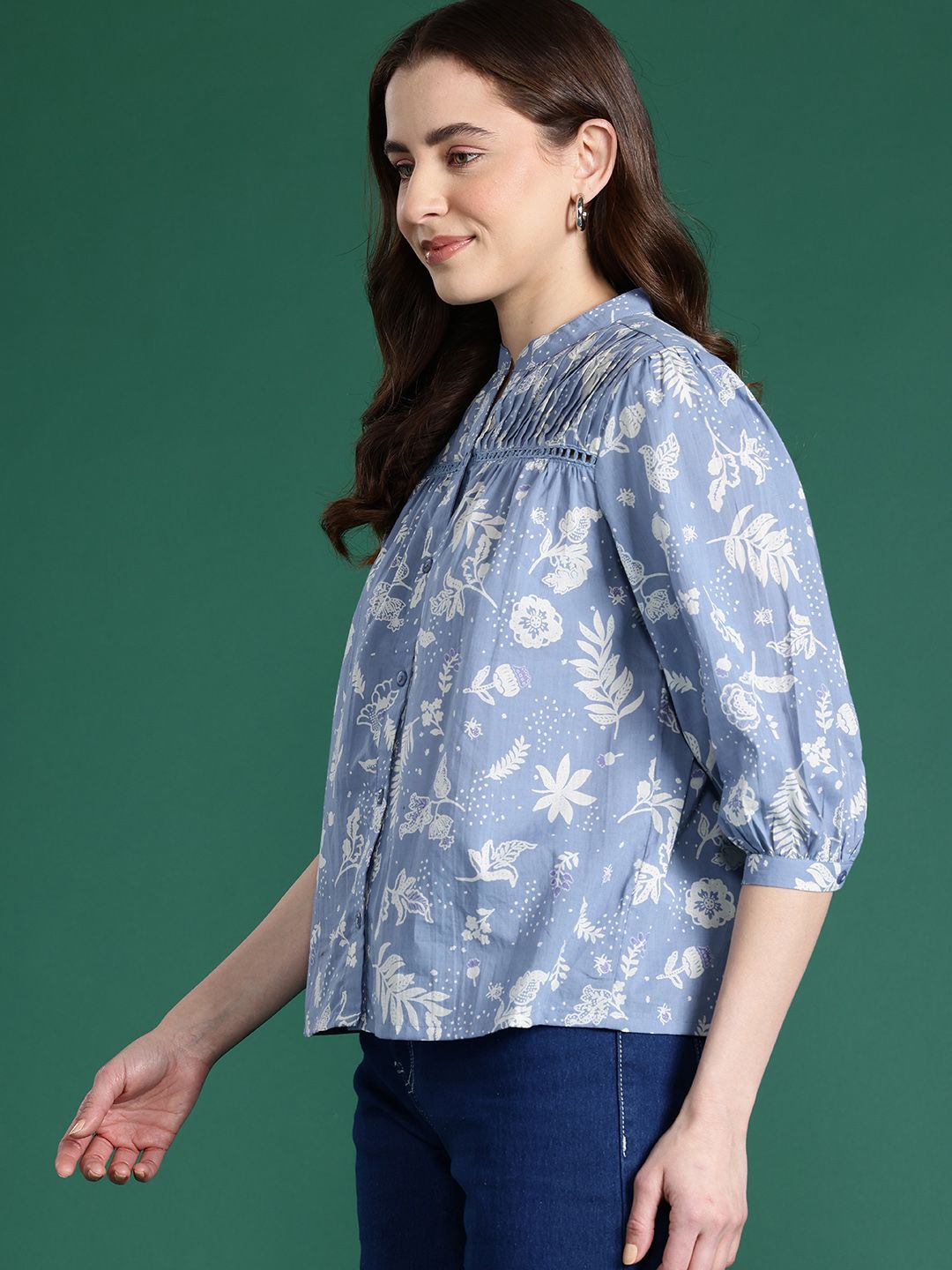 DressBerry Floral Print Mandarin Collar Cotton Shirt Style Top