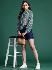 DressBerry Geometric Print Tie-Up Neck Puff Sleeves Top