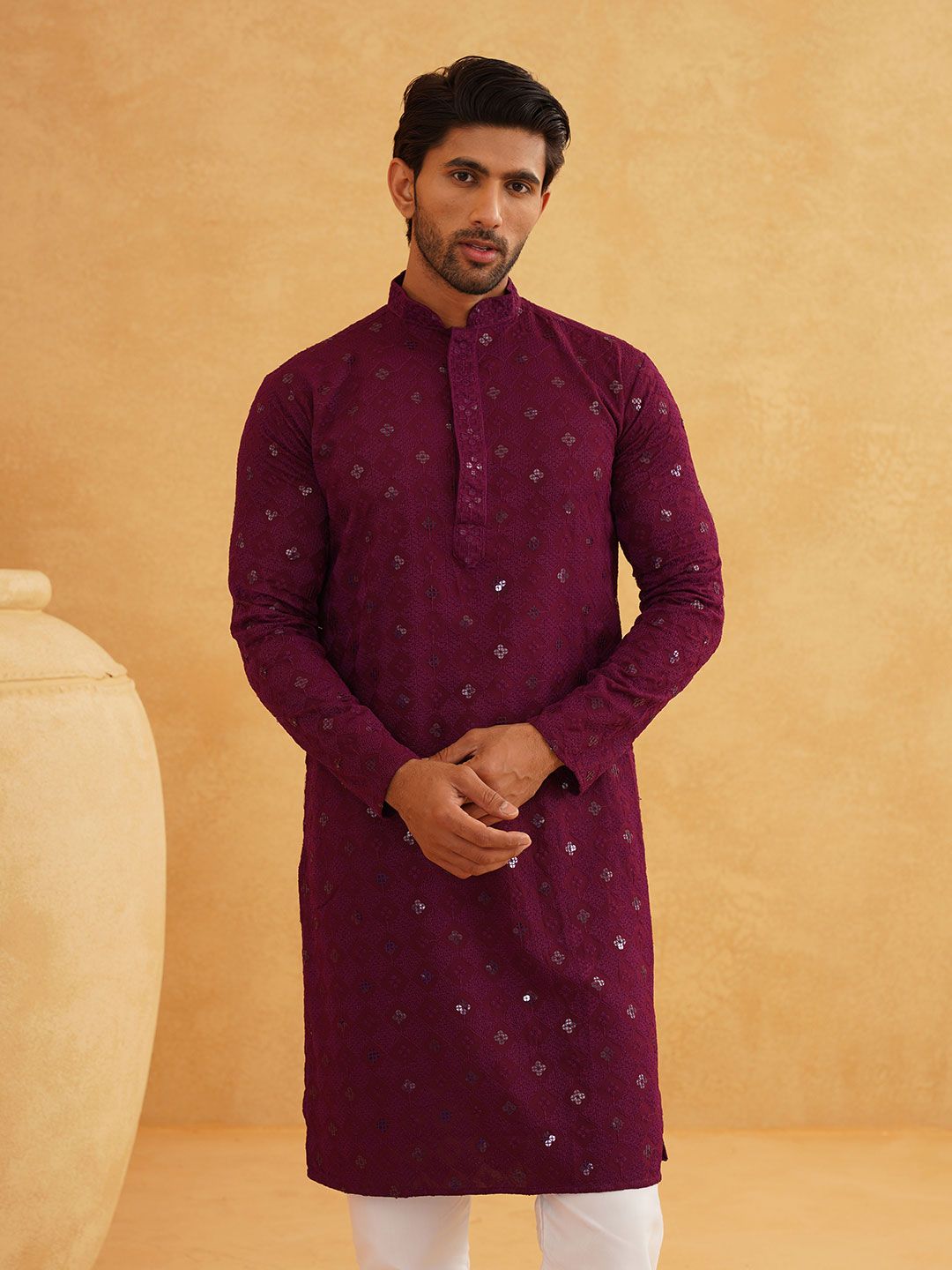 SOJANYA Kolar Mandarin Sulam Lengan Panjang Kurta Lurus