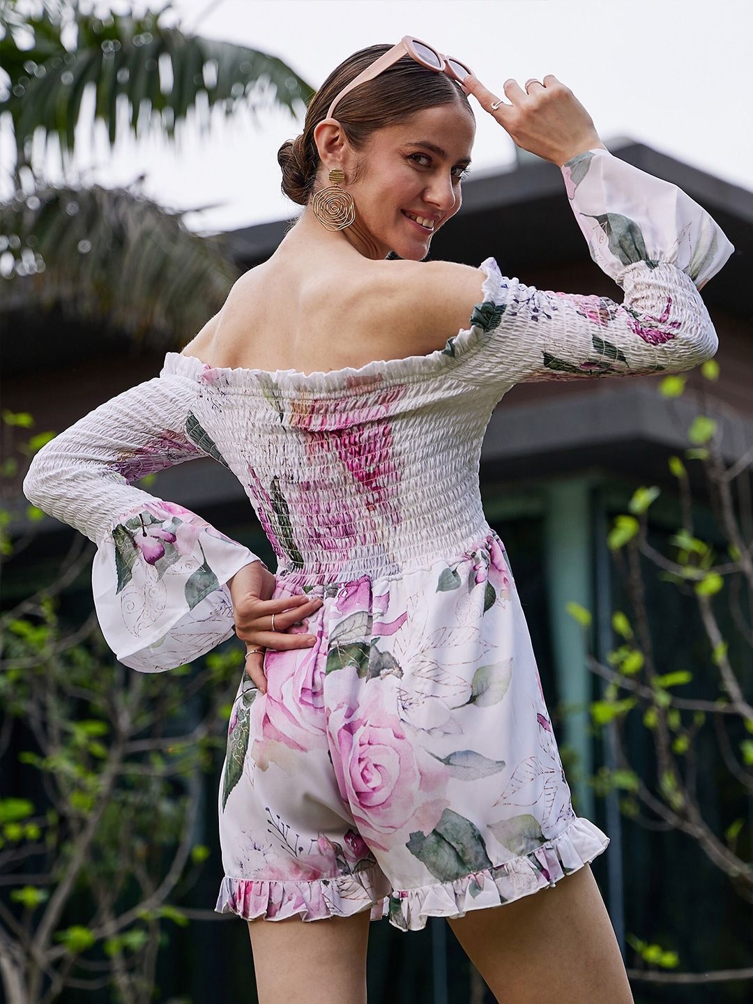 SASSAFRAS Floral Printed Off-Shoulder Smocked Playsuit