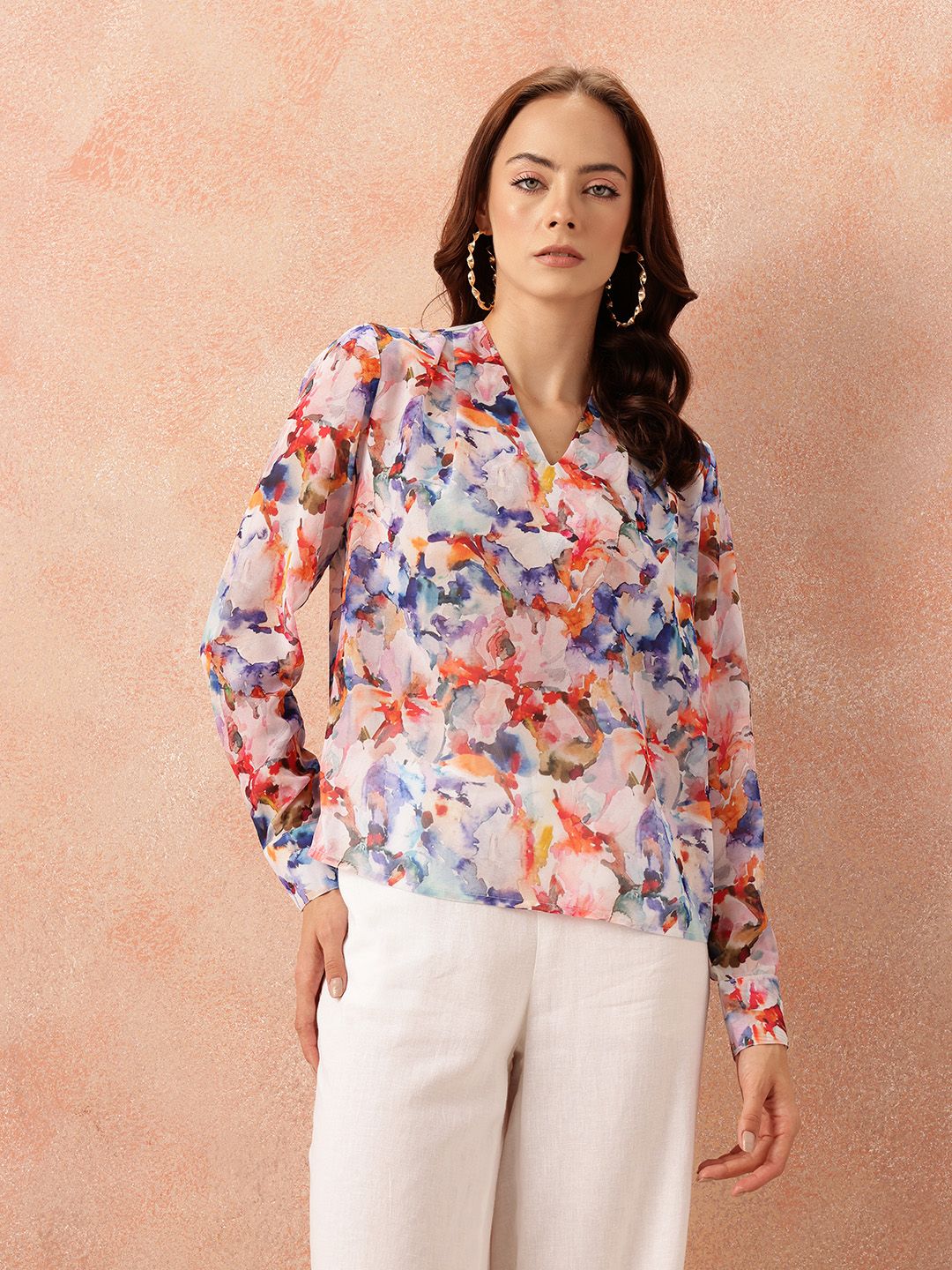 all about you Abstract Print Georgette Semi-Sheer Draped-Style Top