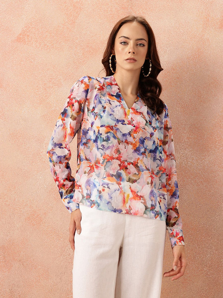 all about you Abstract Print Georgette Semi-Sheer Draped-Style Top