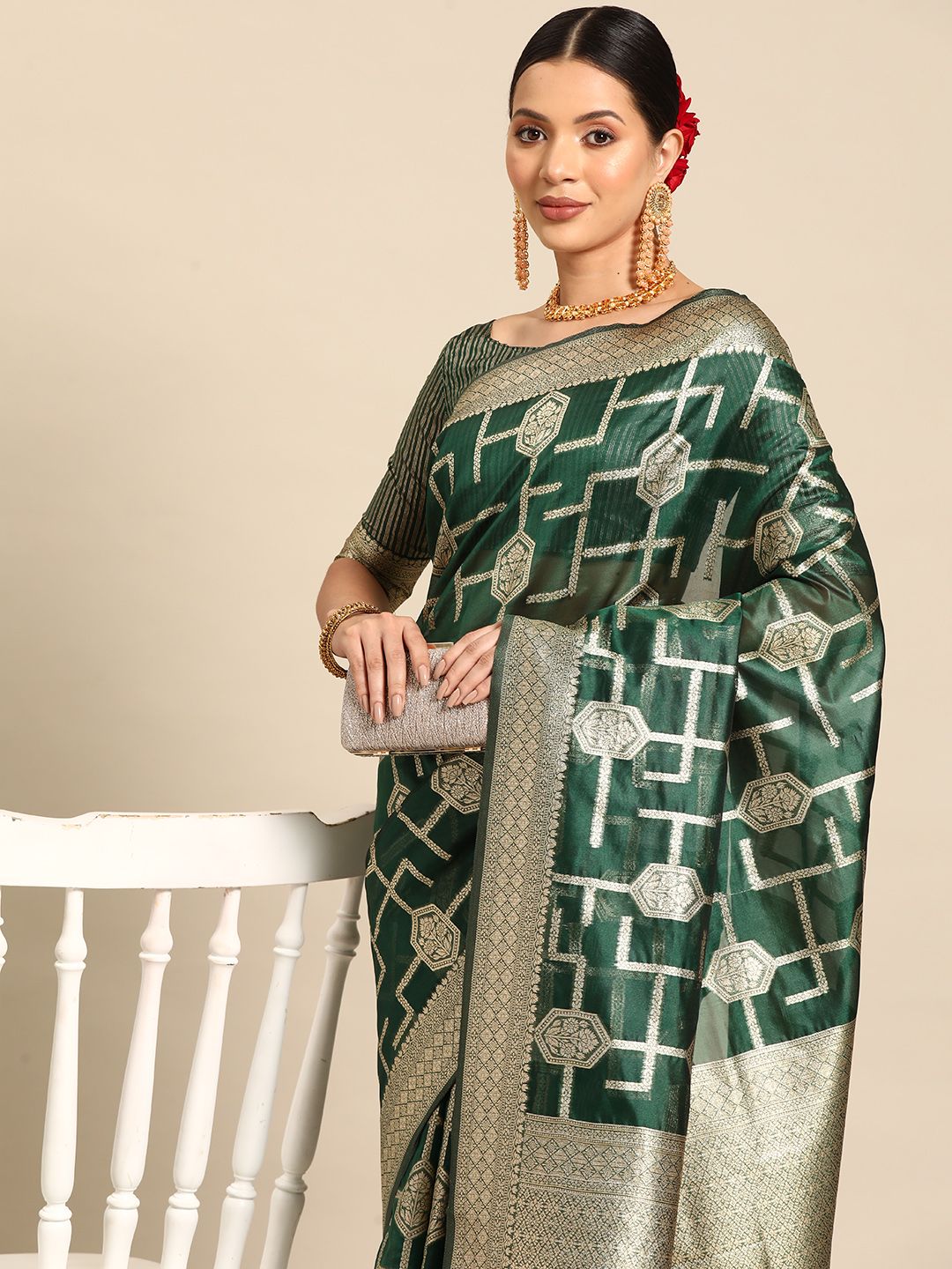 Saree mall Ethnic Motifs Zari Organza Banarasi Saree